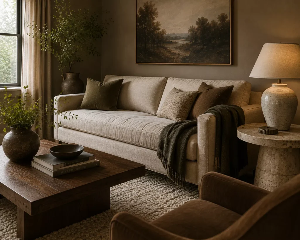 10 Small Living Room Decor Ideas With an Earthy Feel for a Warm, Grounded Space 7 mix-wood-wool-linen-stone-and-ceramic
