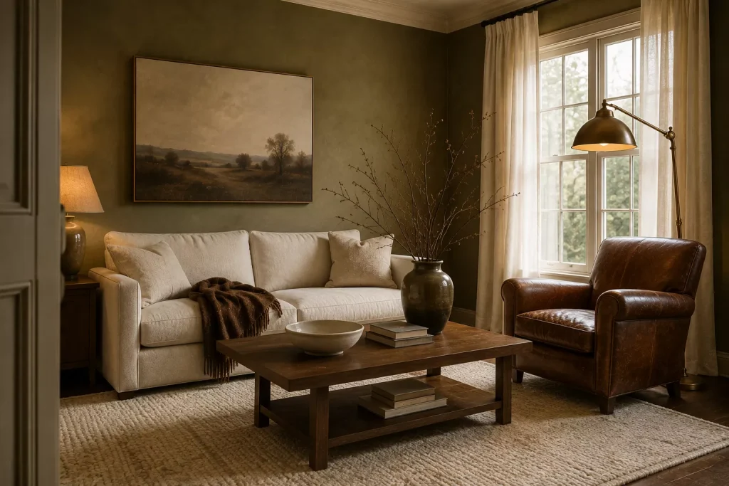 12 Earthy Color Combinations for living room That Feel Warm, Layered, and Current 3 olive-green-tobacco-brown-warm-white