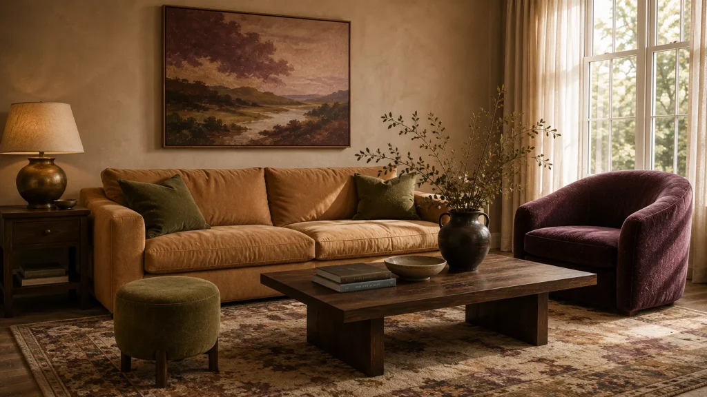 12 Earthy Color Combinations for living room That Feel Warm, Layered, and Current 9 plum-camel-olive
