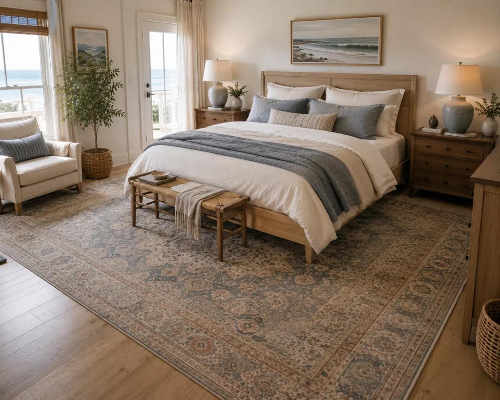 12 coastal bedroom ideas for a Calm, Breezy Retreat 7 put-one-properly-sized-rug-underneath-the-bed