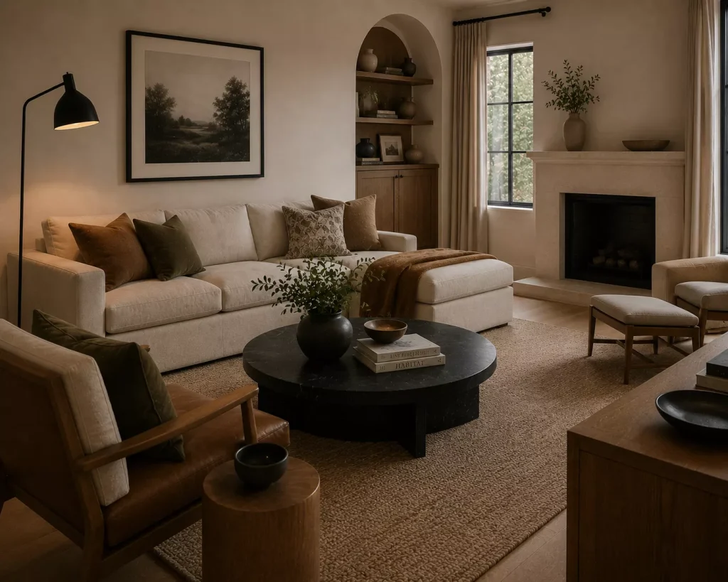 10 Black Accent Living Room Ideas for a More Grounded, Polished Space 7 repeat-black-in-three-places-then-warm-it-up