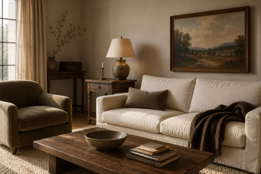 12 Way Add Warmth to a Neutral Living Room Without Losing Its Calm Look 10 replace-generic-decor-with-older-more-personal-pieces