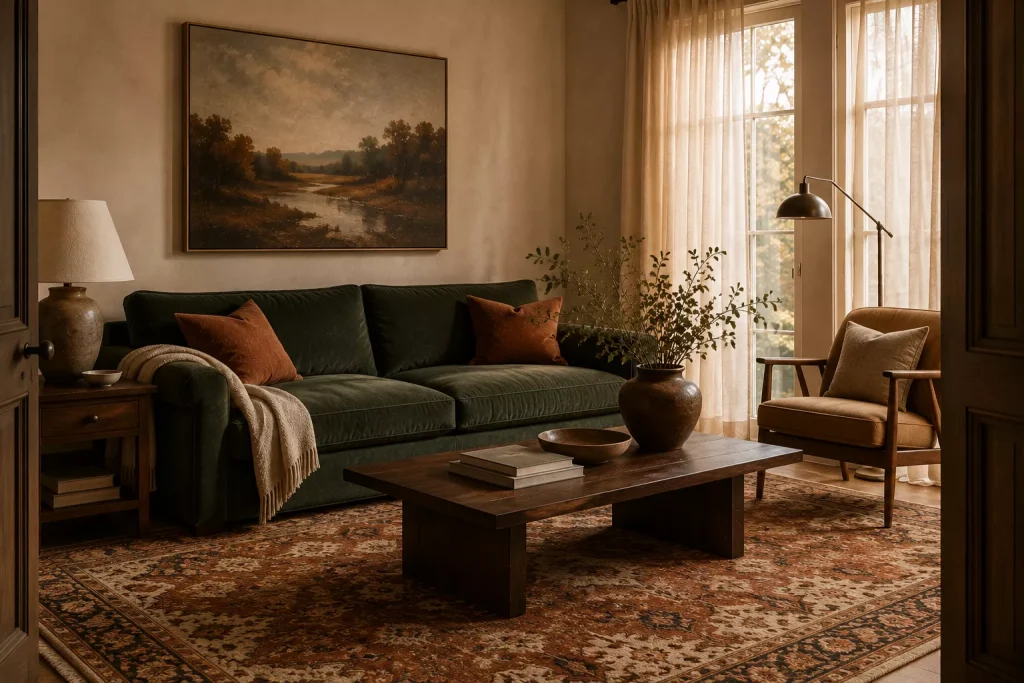 12 Earthy Color Combinations for living room That Feel Warm, Layered, and Current 8 rust-forest-green-warm-beige