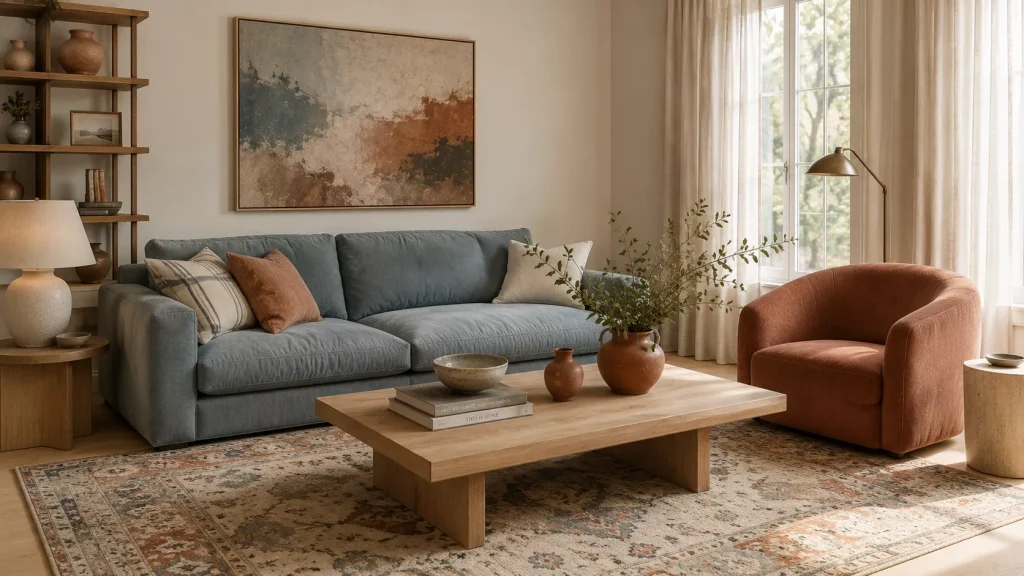 12 Earthy Color Combinations for living room That Feel Warm, Layered, and Current 10 terracotta-dusty-blue-natural-oak