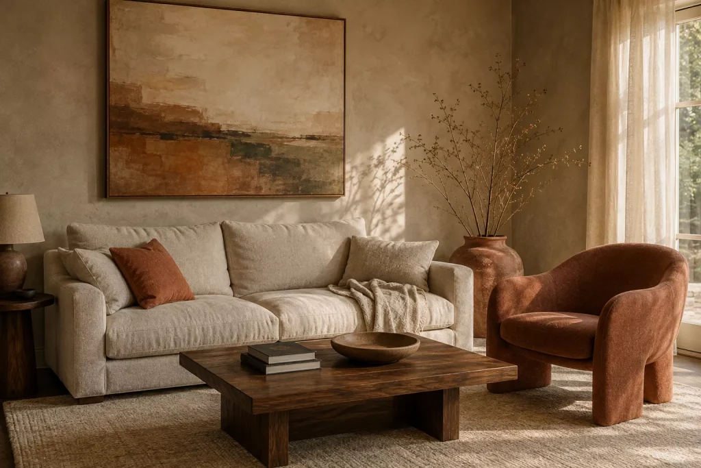 12 Earthy Color Combinations for living room That Feel Warm, Layered, and Current 4 terracotta-mushroom-walnut