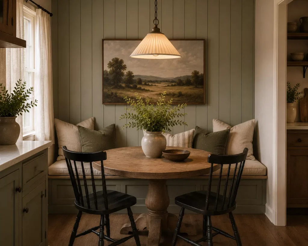 10 farmhouse breakfast nook ideas for Cozy Country Mornings 8 use-art-paneling-or-wallpaper-to-define-the-nook