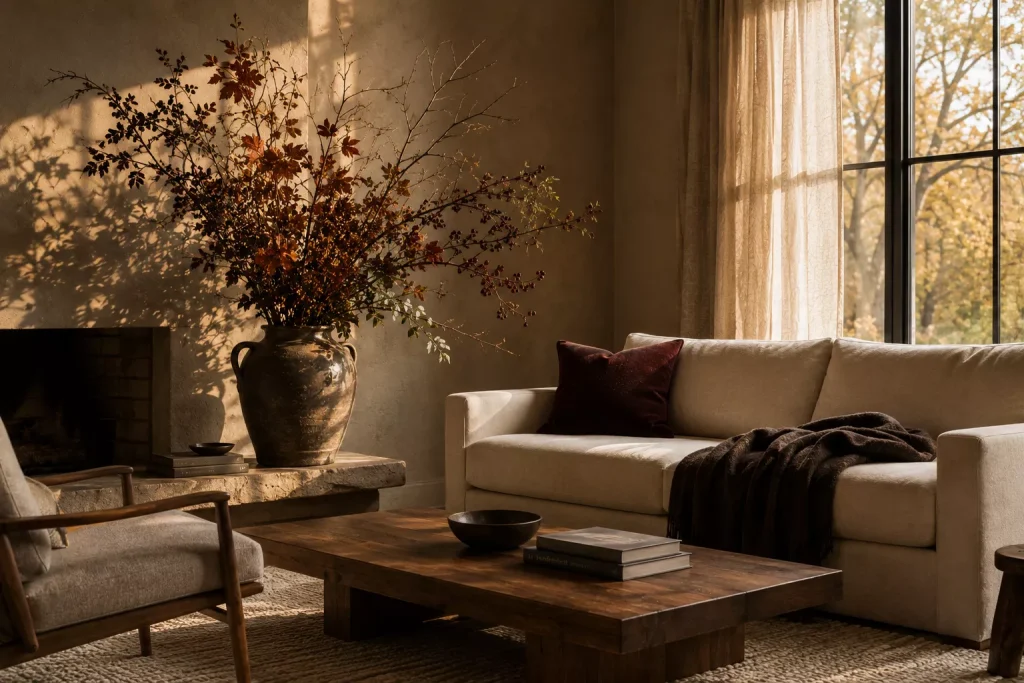 15 fall living room decor ideas for a Warm, Layered Home 5 use-branches-and-foliage-at-a-bigger-scale