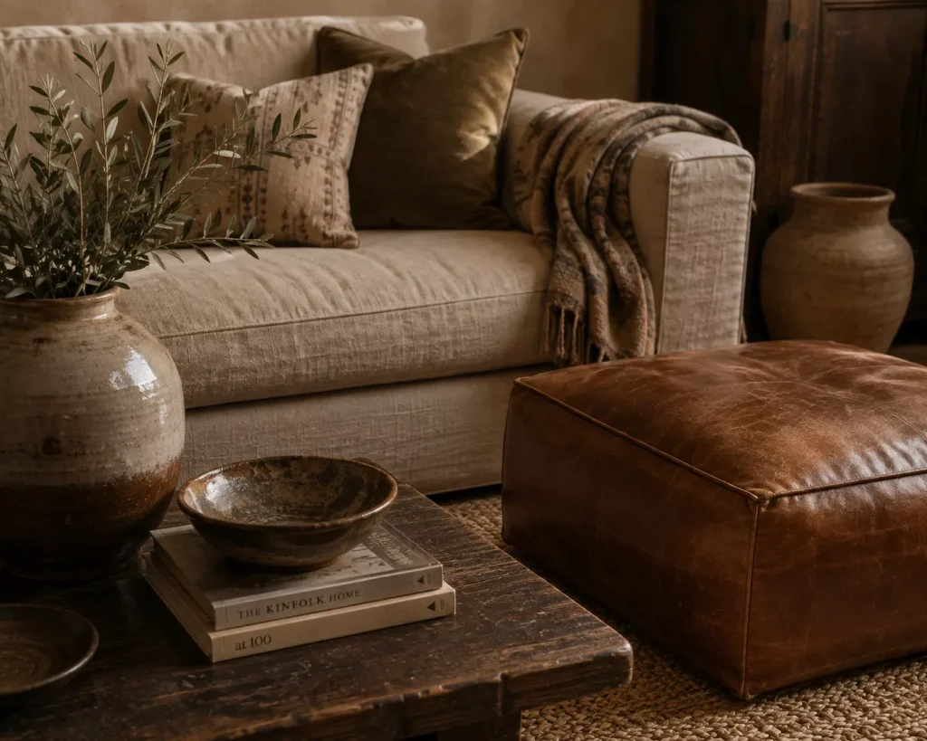 12 Earthy Boho Living Room Ideas for a Warm, Collected Space 11 use-ceramic-and-leather-to-balance-woven-fiber