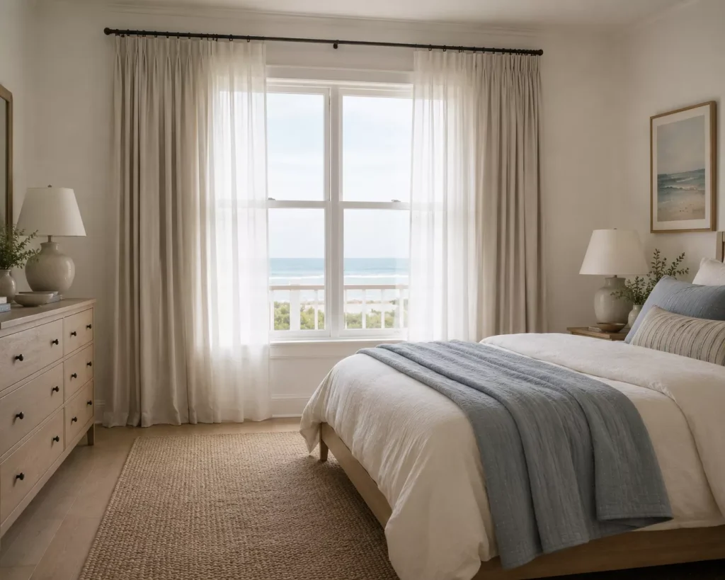 12 coastal bedroom ideas for a Calm, Breezy Retreat 8 use-full-length-curtains-that-soften-the-window-without-swallowing-it