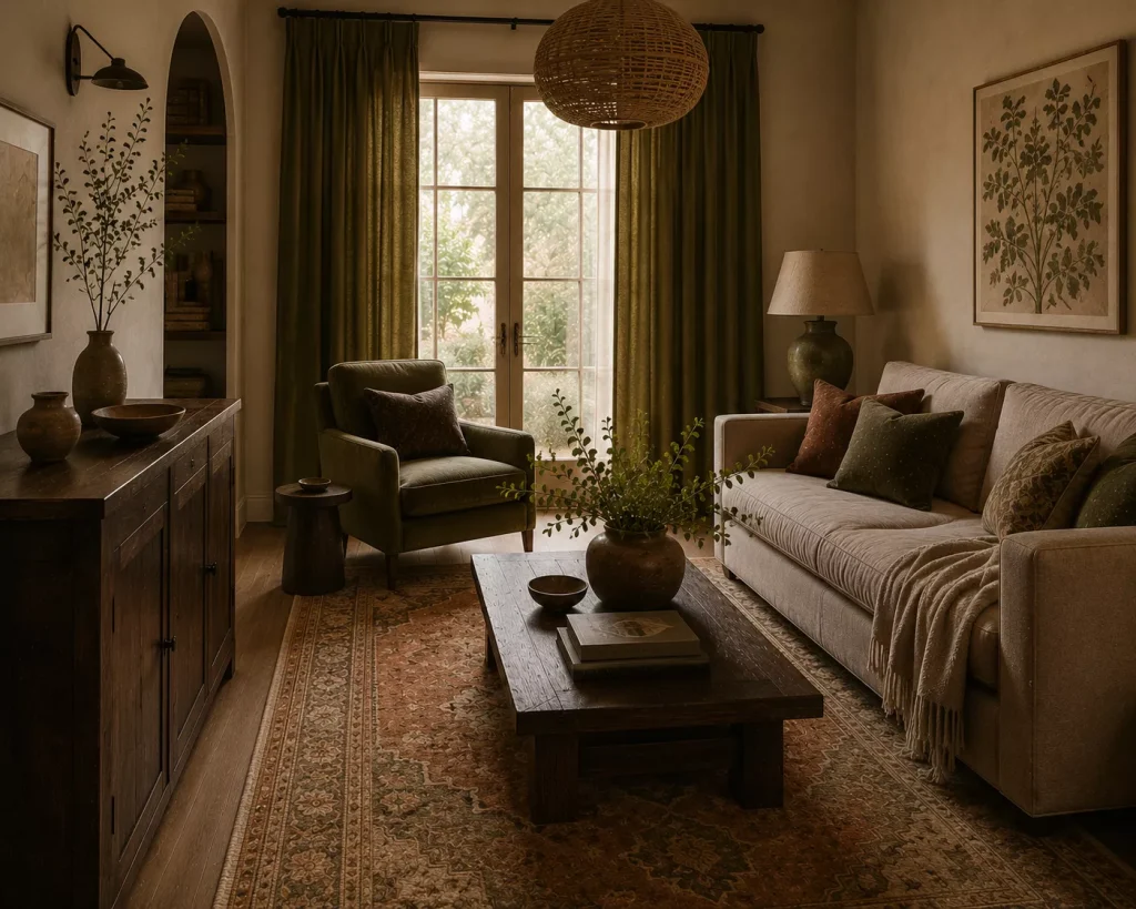 12 Earthy Boho Living Room Ideas for a Warm, Collected Space 4 use-olive-or-moss-instead-of-relying-only-on-houseplants