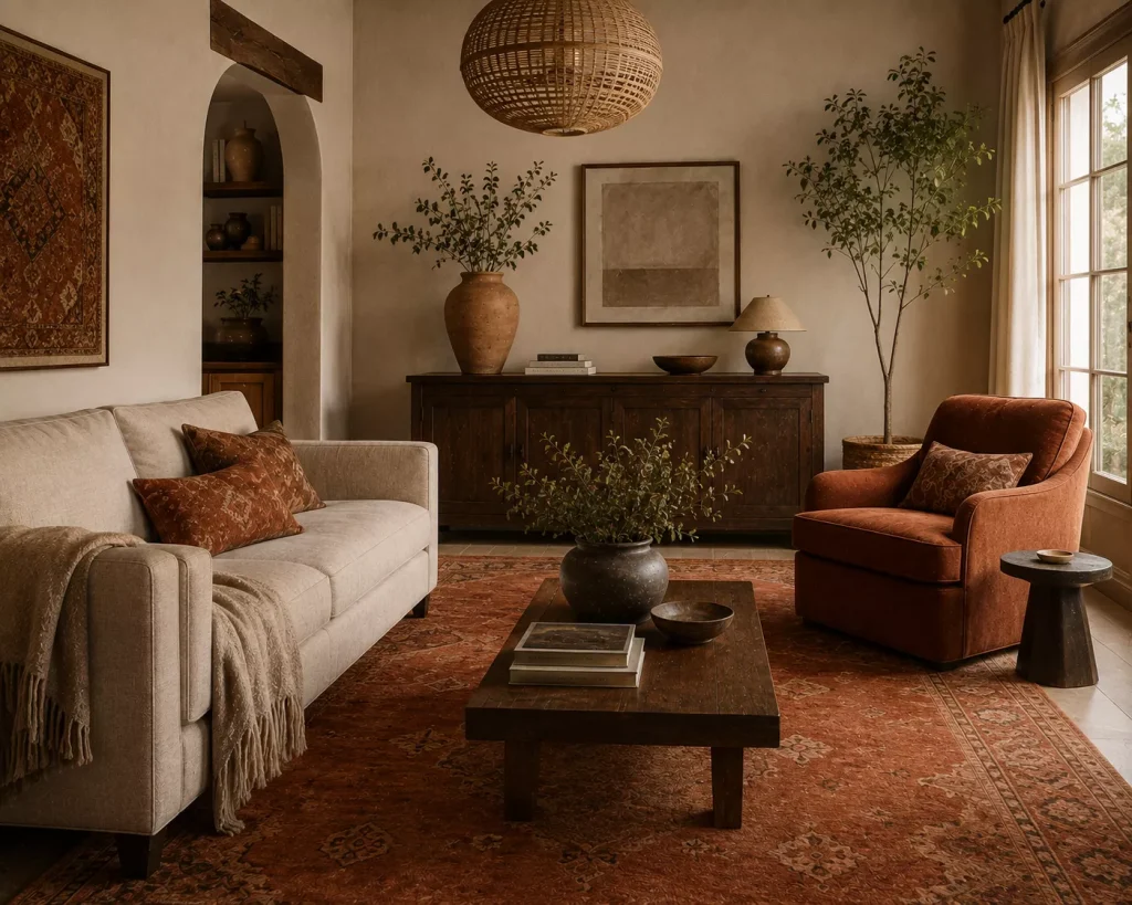 12 Earthy Boho Living Room Ideas for a Warm, Collected Space 2 use-terracotta-as-a-real-anchor-color-not-an-accent