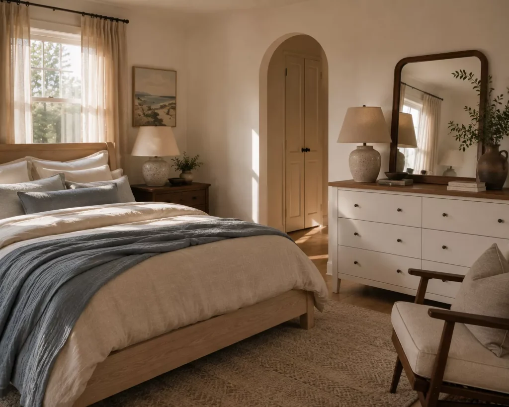 12 coastal bedroom ideas for a Calm, Breezy Retreat 5 use-wood-to-warm-up-all-the-pale-colors