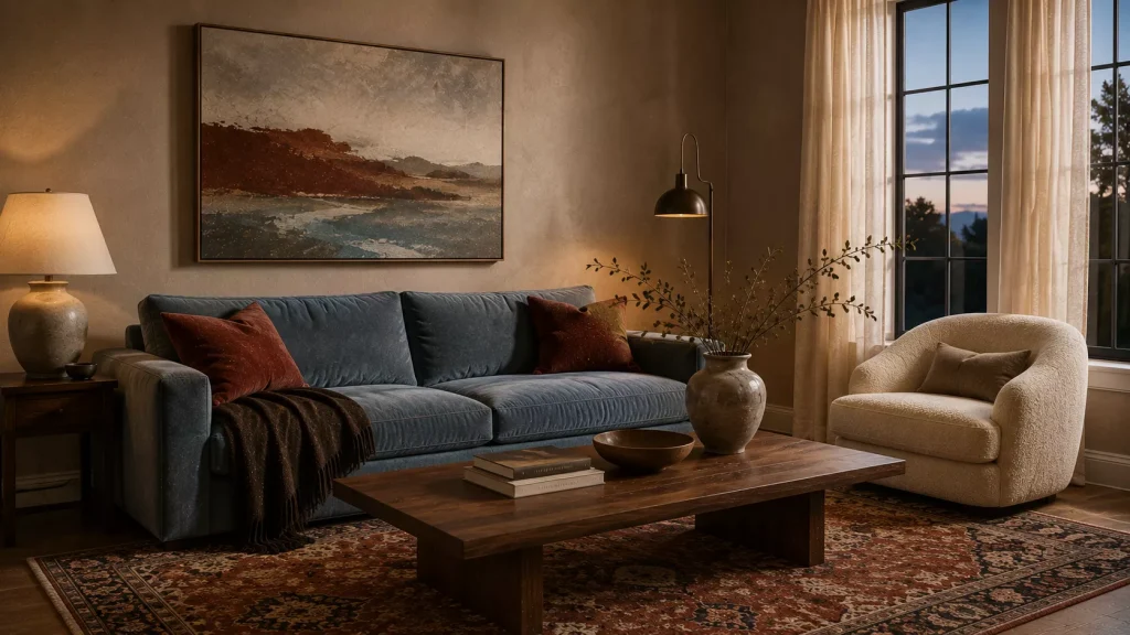 12 Earthy Color Combinations for living room That Feel Warm, Layered, and Current 11 warm-taupe-brick-red-dusty-blue