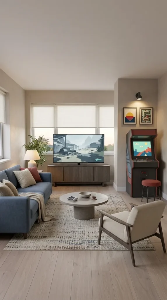 35 Gaming Living Room Ideas That Make Your Setup Stylish, Cosy and Seriously Fun 32 Add a Compact Arcade Corner for a Playful Gaming Room