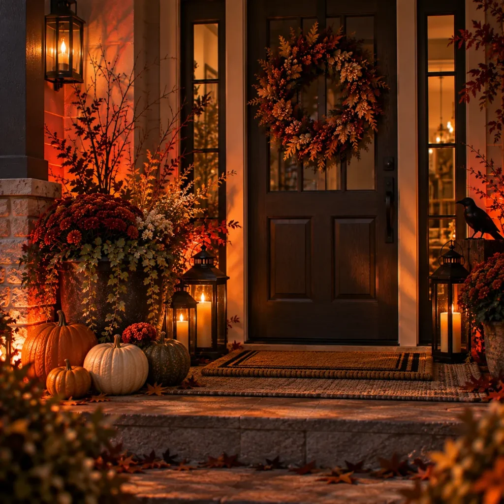 24 Fall Front Porch Ideas That Work for Halloween and Thanksgiving 11 Add moody lighting only for Halloween