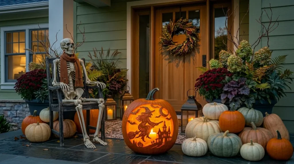 24 Fall Front Porch Ideas That Work for Halloween and Thanksgiving 9 Add one reusable ghost or skeleton