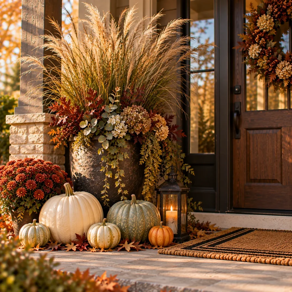 24 Fall Front Porch Ideas That Work for Halloween and Thanksgiving 18 Add ornamental grass for late-season height
