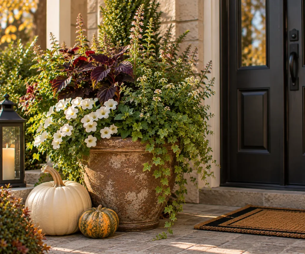 Add pumpkins directly around existing flower pots