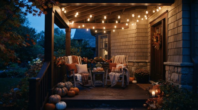 23 Fall Front Porch Lantern and Lighting Ideas for a Warm Evening Glow 3 Add string lights around a covered seating area