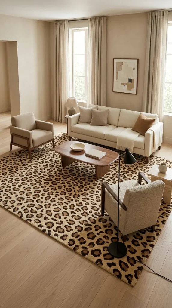 Anchor a Neutral Living Room With a Leopard Rug
