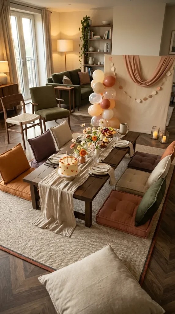 40 Birthday Living Room Decor Ideas for Beautiful At-Home Celebrations 7 Arrange a Cosy Indoor Birthday Picnic