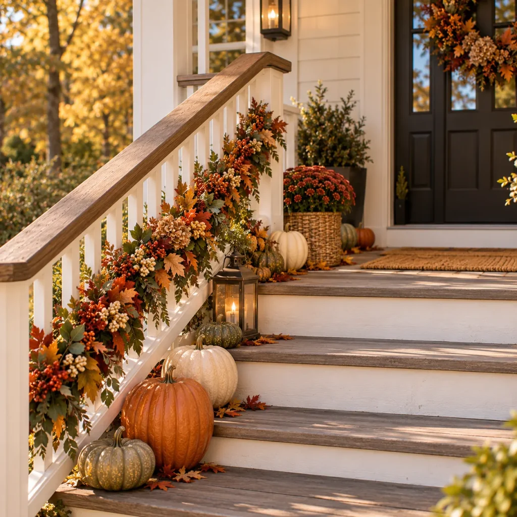 22 Fall Front Porch Steps, Railing and Uncovered Porch Ideas 9 Attach fall garland below the top rail
