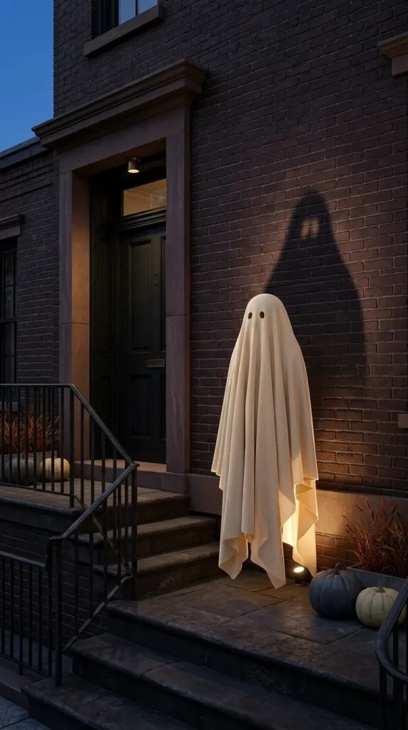 40 Front Porch Halloween Ideas for a Spooky, Stylish and Unforgettable Entrance 19 Backlight a Ghost Instead of Flooding It From the Front