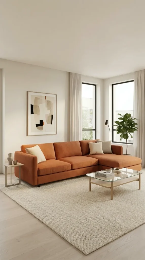 Balance an Orange L-Shaped Sofa With a Large Neutral Rug