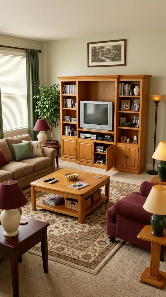 40 Living Room Decor Ideas for a Nostalgic 2000s and Y2K Aesthetic 5 Bring Back the Substantial Oak Entertainment Cabinet