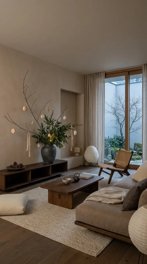 42 Christmas Living Room Decor Ideas for a Cosy, Magical and Beautifully Festive Home 31 Bring Japandi Simplicity Into Christmas Decorating