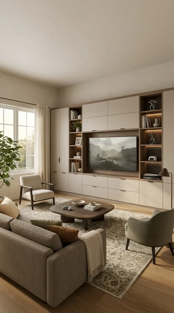 35 Gaming Living Room Ideas That Make Your Setup Stylish, Cosy and Seriously Fun 10 Build a Full Entertainment Wall With Integrated Gaming Storage