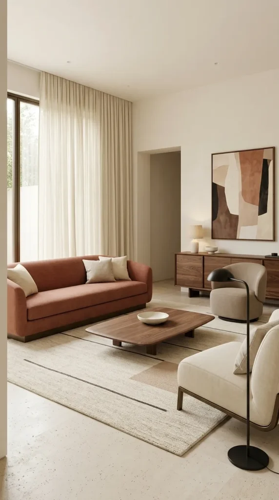 Build a Terracotta Mid-Century Room With Walnut and Cream