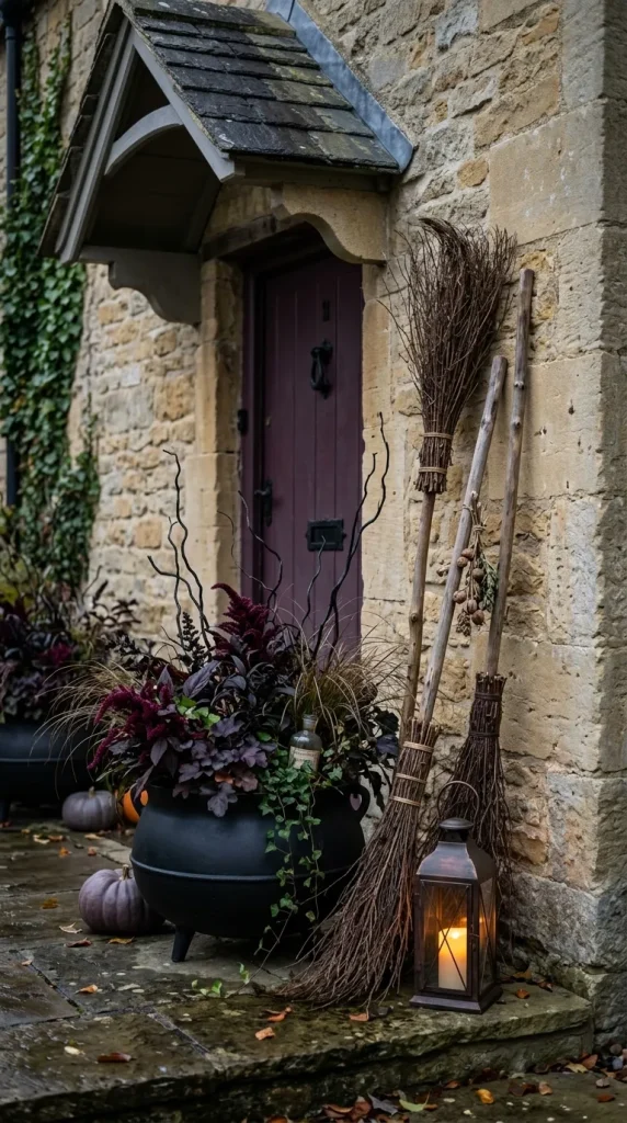 40 Front Porch Halloween Ideas for a Spooky, Stylish and Unforgettable Entrance 17 Build a Witch Vignette From Brooms and Cauldron-Style Planters