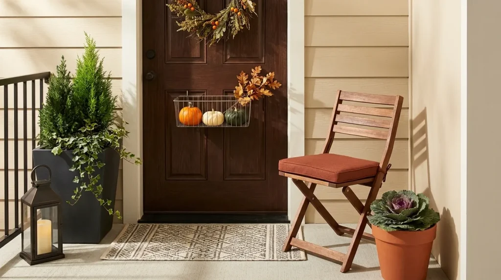 Buy seasonal decor that collapses or nests + Use a fall base you can transition into winter