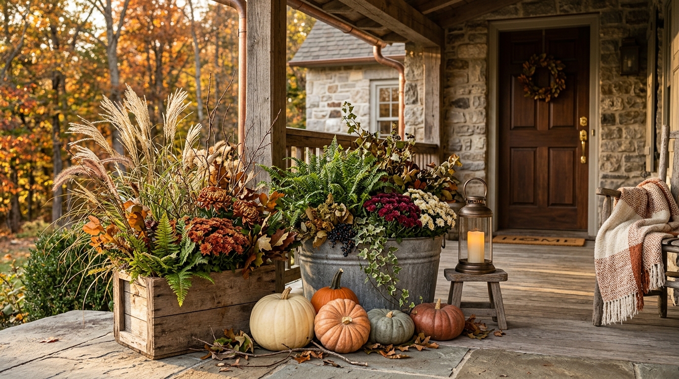 24 Fall Front Porch Decor Ideas With Crates and Galvanized Buckets 1 Change only the contents as the season progresses