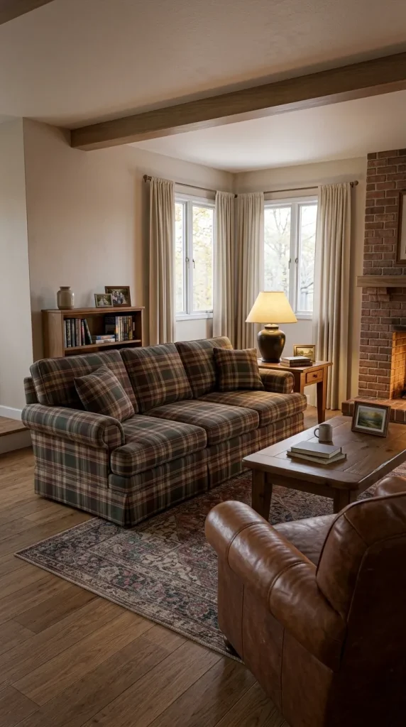 35 1990s Living Room Decor Ideas to Bring Back That Cosy, Nostalgic Feeling 3 Choose a Plaid Couch for a Traditional Family-Room Look
