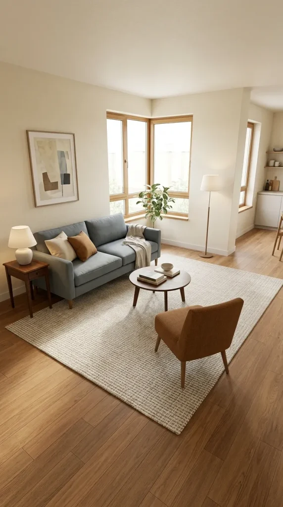 30 First Home Decor Ideas That Make a New Space Feel Finished Without Overspending 10 Choose a Rug Large Enough to Connect the Furniture