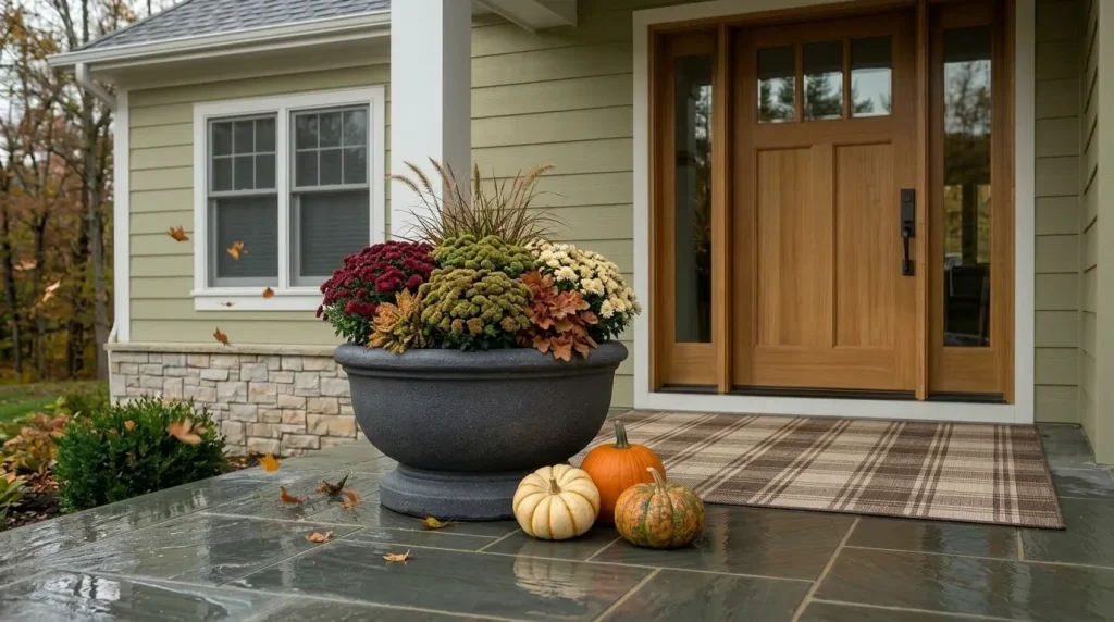 22 Fall Front Porch Steps, Railing and Uncovered Porch Ideas 20 Choose heavier planters for windy exposures