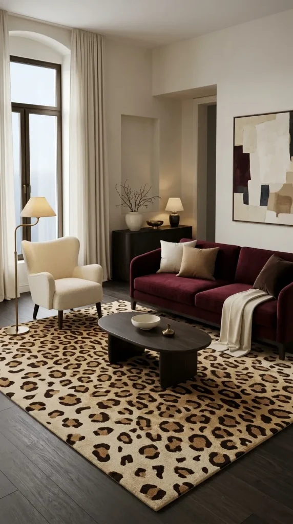 Combine Burgundy and Leopard for a Rich, Moody Living Room