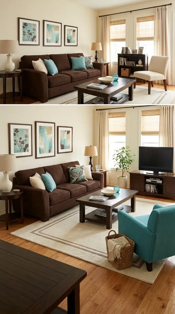 40 Living Room Decor Ideas for a Nostalgic 2000s and Y2K Aesthetic 26 Combine Chocolate Brown and Turquoise for a Distinctive 2000s Palette