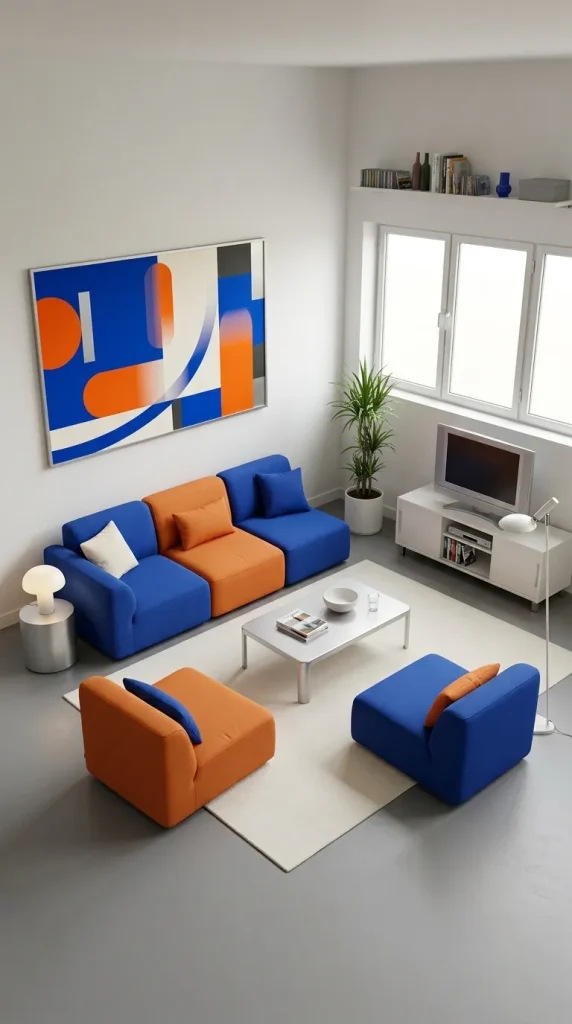 40 Living Room Decor Ideas for a Nostalgic 2000s and Y2K Aesthetic 39 Combine Colourful Modular Furniture With Graphic Artwork