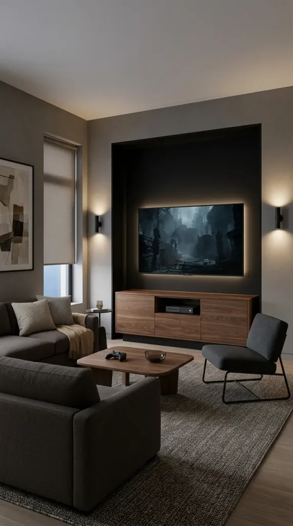 35 Gaming Living Room Ideas That Make Your Setup Stylish, Cosy and Seriously Fun 29 Combine Matte Black and Walnut for a Modern Gaming Lounge