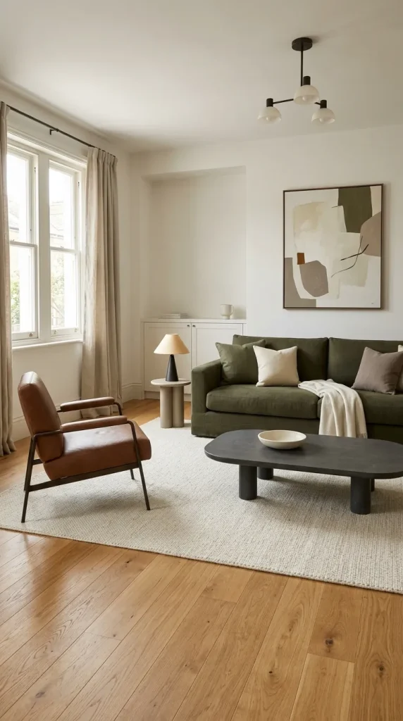 30 Living Room Ideas With Oak for Warm, Modern and Beautiful Spaces 14 Combine Olive Green With Honey Oak
