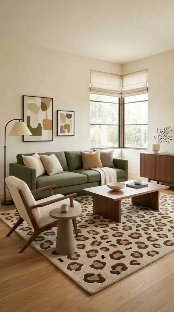 Combine an Olive Sofa With Warm Leopard Accents