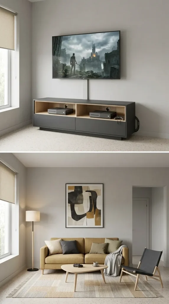 35 Gaming Living Room Ideas That Make Your Setup Stylish, Cosy and Seriously Fun 22 Conceal Cables Without Restricting Your Gaming Equipment