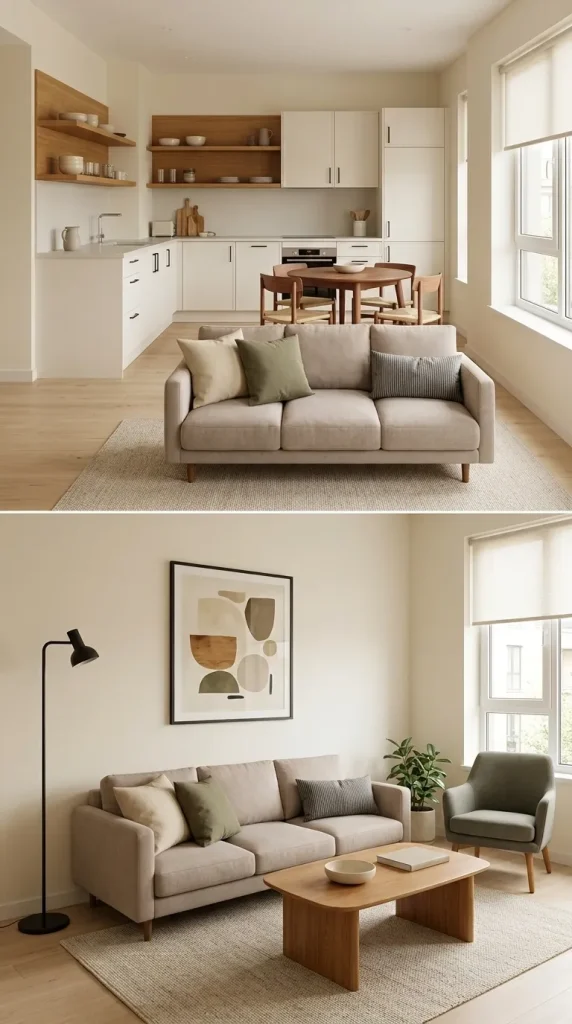 Connect an Open-Plan Living Room and Kitchen With a Shared Palette