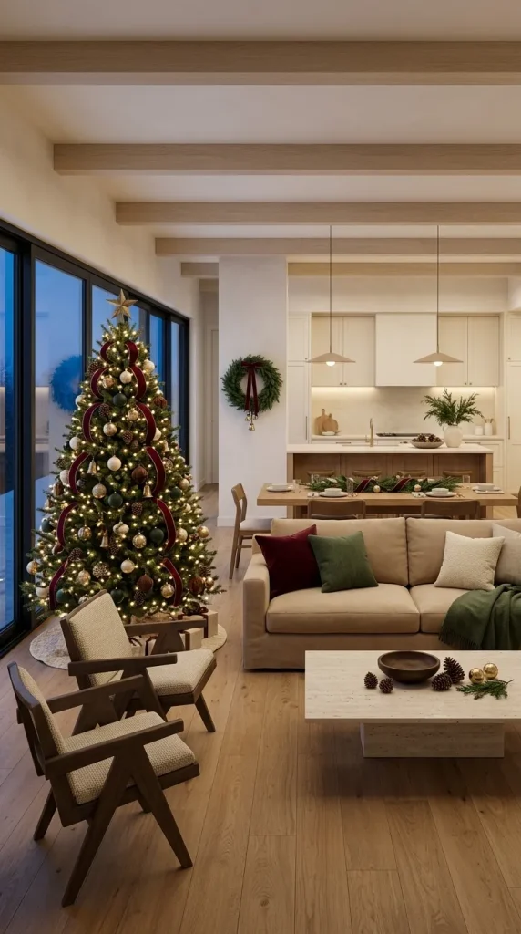42 Christmas Living Room Decor Ideas for a Cosy, Magical and Beautifully Festive Home 42 Coordinate Christmas Decor Across an Open-Plan Living and Kitchen Space