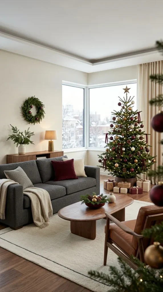 42 Christmas Living Room Decor Ideas for a Cosy, Magical and Beautifully Festive Home 6 Coordinate Christmas Decorations With a Grey Sofa
