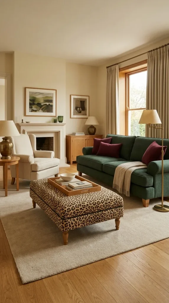 Create a 90s Animal-Print Living Room With Dark Green and Burgundy