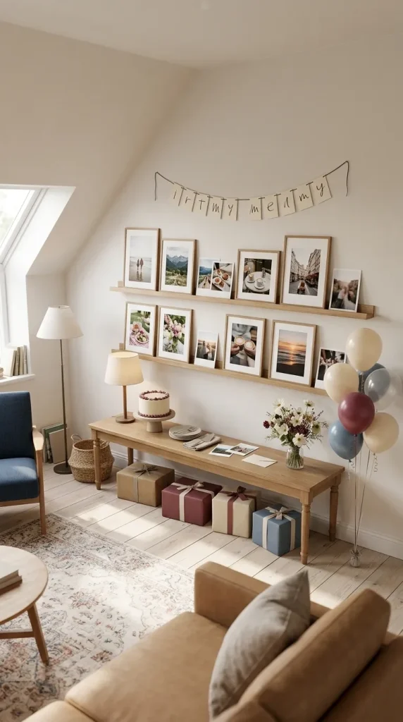 40 Birthday Living Room Decor Ideas for Beautiful At-Home Celebrations 26 Create a Birthday Display Around Shared Photographs